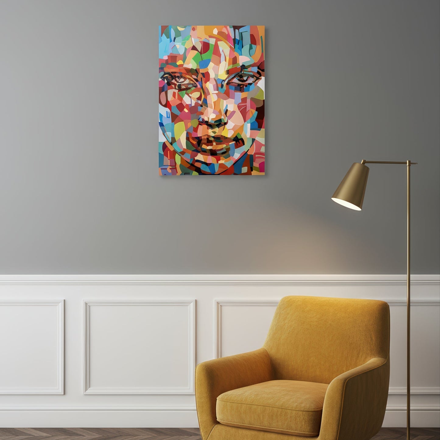 Fine art wall print by Noemi Safir featuring an expressive woman’s face in a colorful patchwork of coral, turquoise, peach, pink, blue, olive, and cream, with an intimate gaze and contemporary figurative energy.