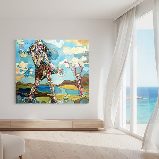 One of a kind original artwork by Noemi Safir showing a standing woman, blue sky forms, reflective ground, and a green apple in After Eden