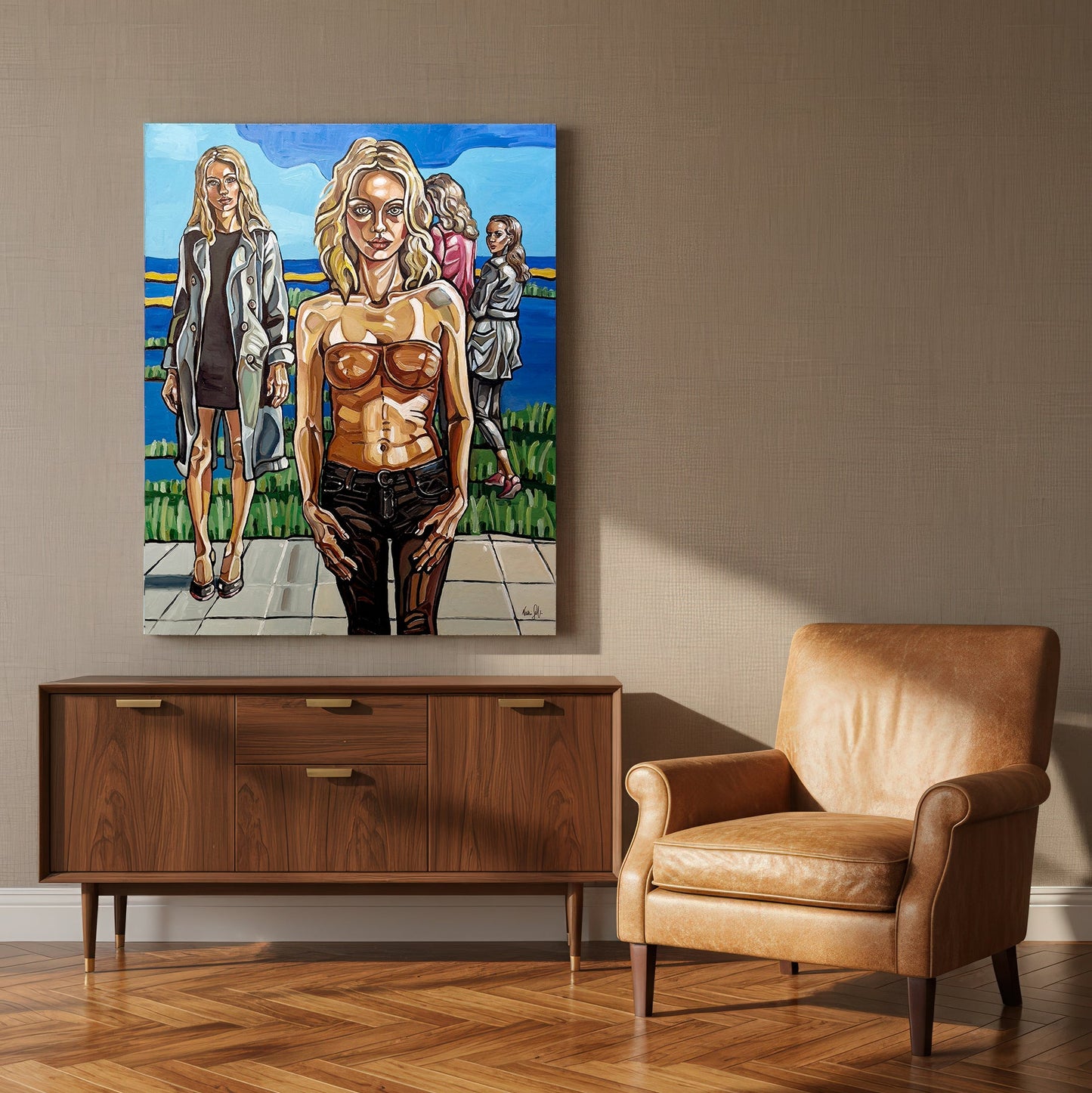 Fine art original by Noemi Safir with a central female portrait, blue water, pale sky, tiled foreground, and expressive acrylic brushwork