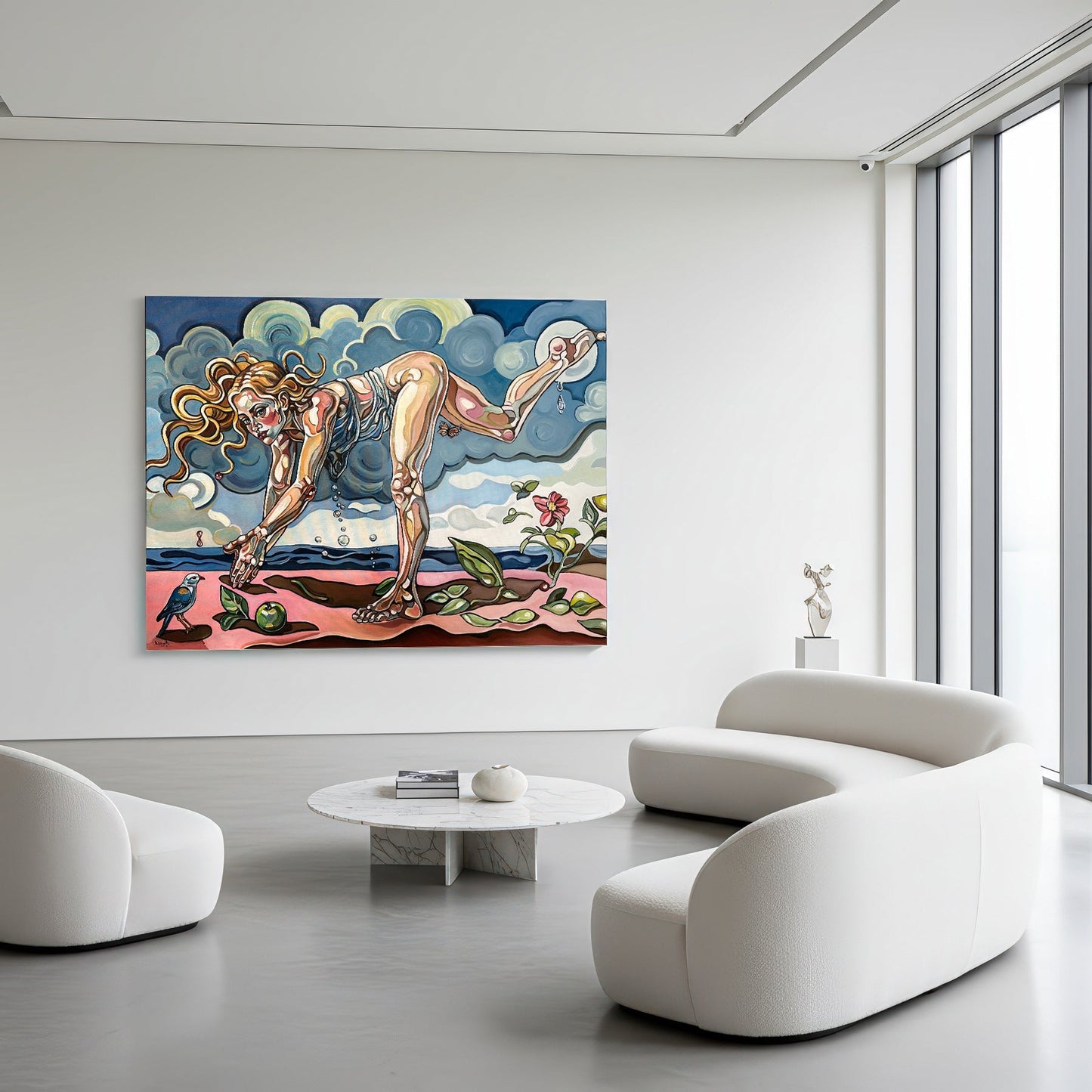 One of a kind female figurative painting by Noemi Safir with a precarious pose, surreal natural setting, and emotional visual tension