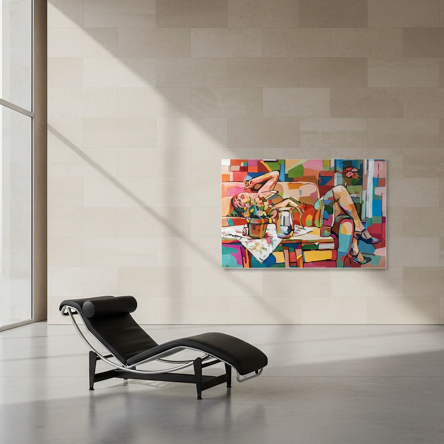 Butterfly is a limited edition art print by Noemi Safir depicting a relaxed female figure in heels stretched across a richly colored room, with layered shapes of peach, blue, pink, green, and orange creating a lively modern composition.
