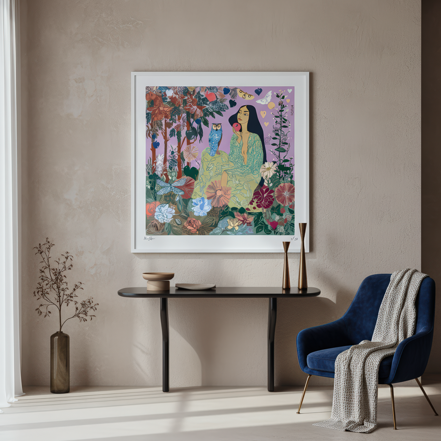 Emotional and symbolic NOE MI print with artistic detailing and rich color palette, enhancing luxury environments with meaningful feminine energy.