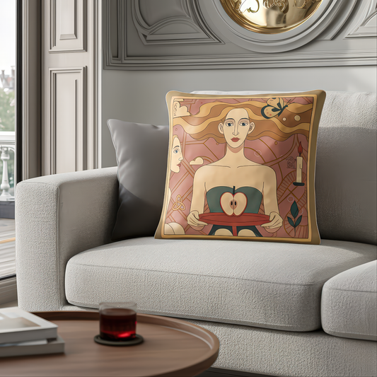 NOE MI velvet cushion inspired by the painting "Apple Affair", featuring a close-up of a powerful woman and symbolic apple motif, designed for luxury home interiors with meaning.