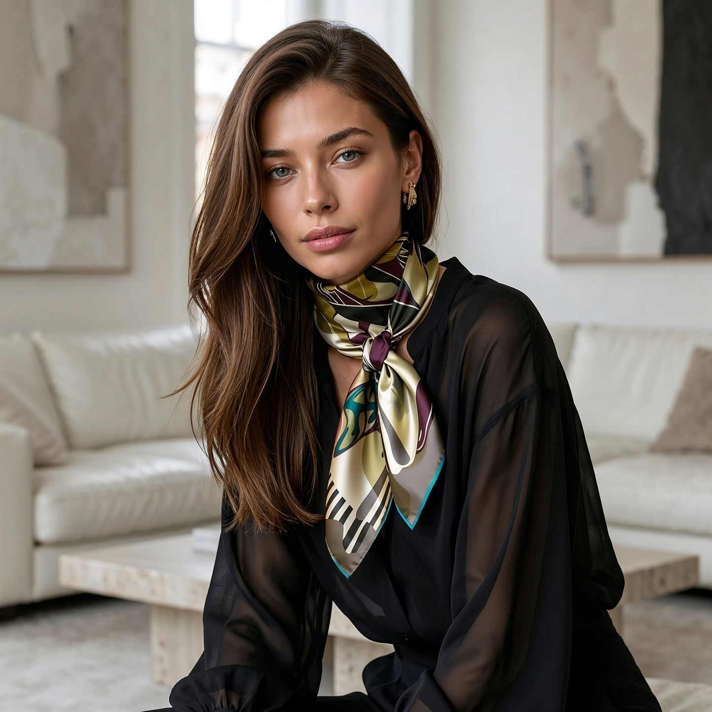 NOE MI Porcelain Tension Noir silk scarf is a designer accessory that adds depth and refinement to everyday outfits and evening styling.