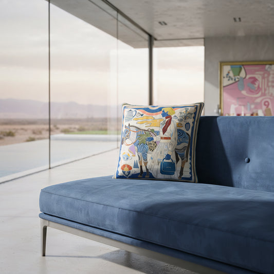NOE MI premium velvet cushion Porcelain Tension combining royal blue, neutral tones, and refined illustration for elegant living spaces.