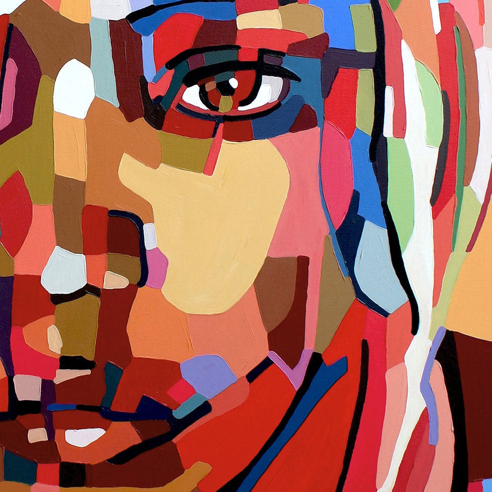Limited edition figurative print by Noemi Safir portraying a woman’s face in a vivid contemporary composition of multicolored painterly fragments, combining emotional stillness, bold structure, and radiant intensity.