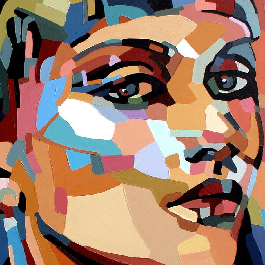 Signed and hand numbered fine art print by Noemi Safir, showing a woman in three quarter view with a calm upward gaze, rendered through layered abstract brushstrokes and bold contemporary color blocks.