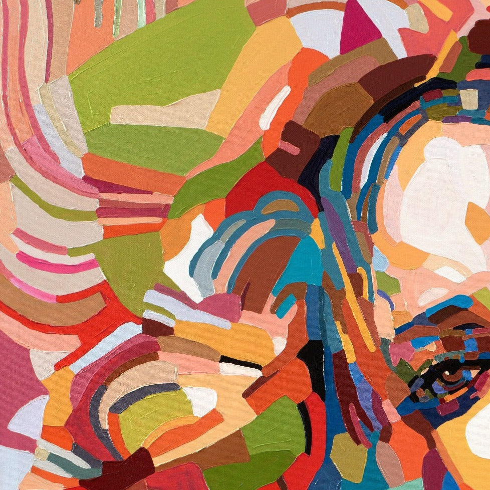 Fine art wall print by Noemi Safir featuring an abstracted female portrait in radiant pink, red, turquoise, blue, apricot, and green, with flowing shapes that create rhythm and emotional intensity.