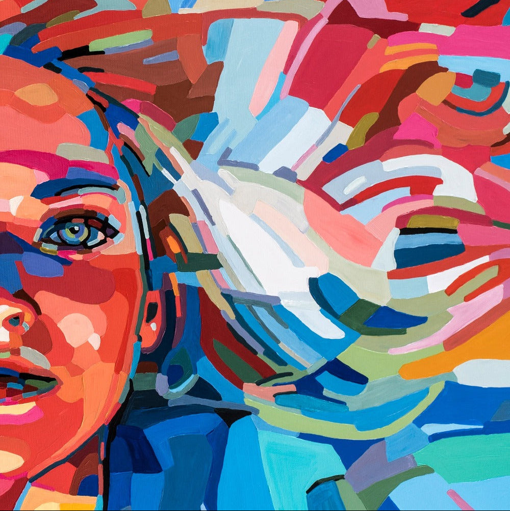 Limited edition figurative print by Noemi Safir portraying a woman’s face in a bold contemporary composition of luminous color fragments and flowing abstract forms, combining femininity, vitality, and a strong dreamlike presence.