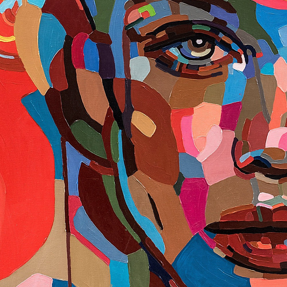 Limited edition figurative print by Noemi Safir portraying a woman’s face in a vivid contemporary composition of multicolored painterly fragments, combining emotional stillness, radiant color, and strong visual impact.