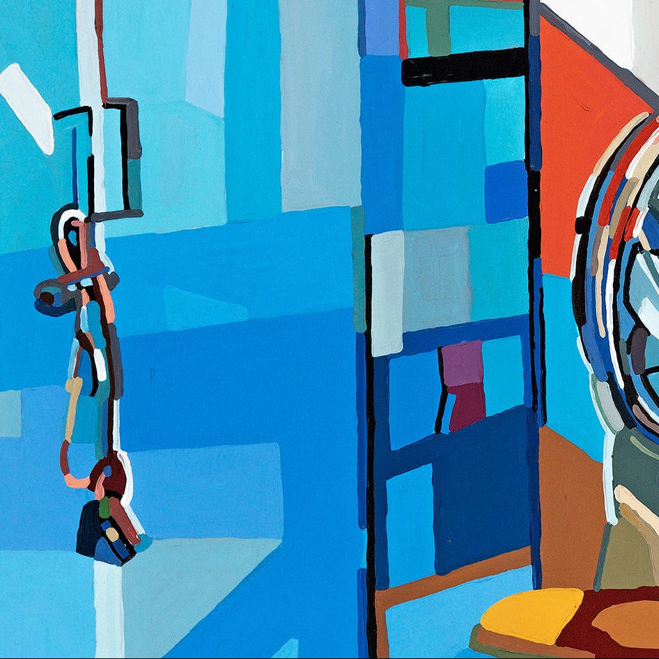Fine art wall print by Noemi Safir featuring a modern street scene with café seating, storefront details, bicycles, and people gathered in sunlight, composed through bold lines and vibrant geometric color areas.