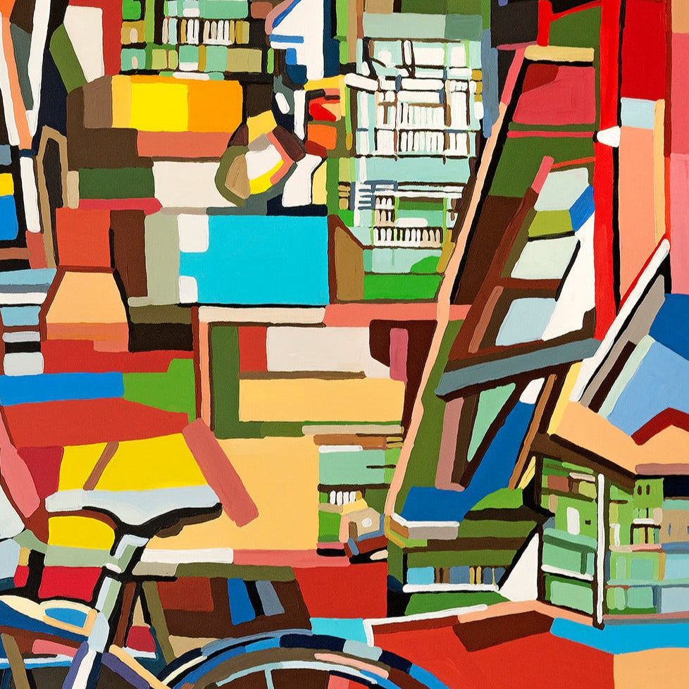 Contemporary urban figurative print by Noemi Safir featuring a market storefront packed with books, furniture, and objects, while a man stands with his bicycle in a lively composition of coral, teal, pink, white, and deep blue.