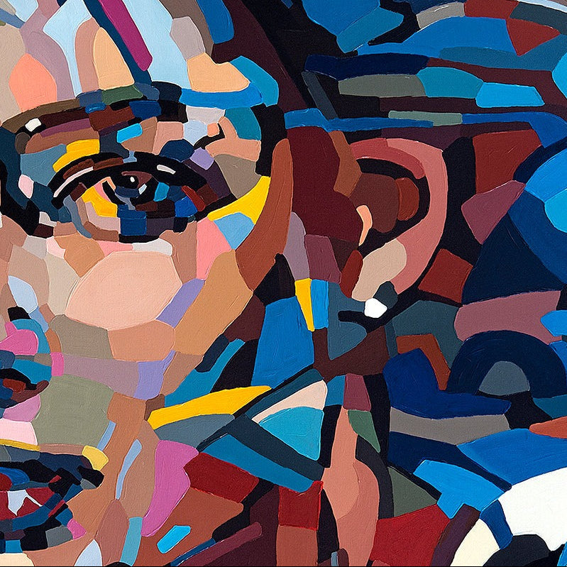 Fine art wall print by Noemi Safir featuring an expressive woman’s portrait in layered painterly fragments, where shades of navy, aqua, rose pink, cream, burgundy, and olive create contrast, rhythm, and emotional warmth.