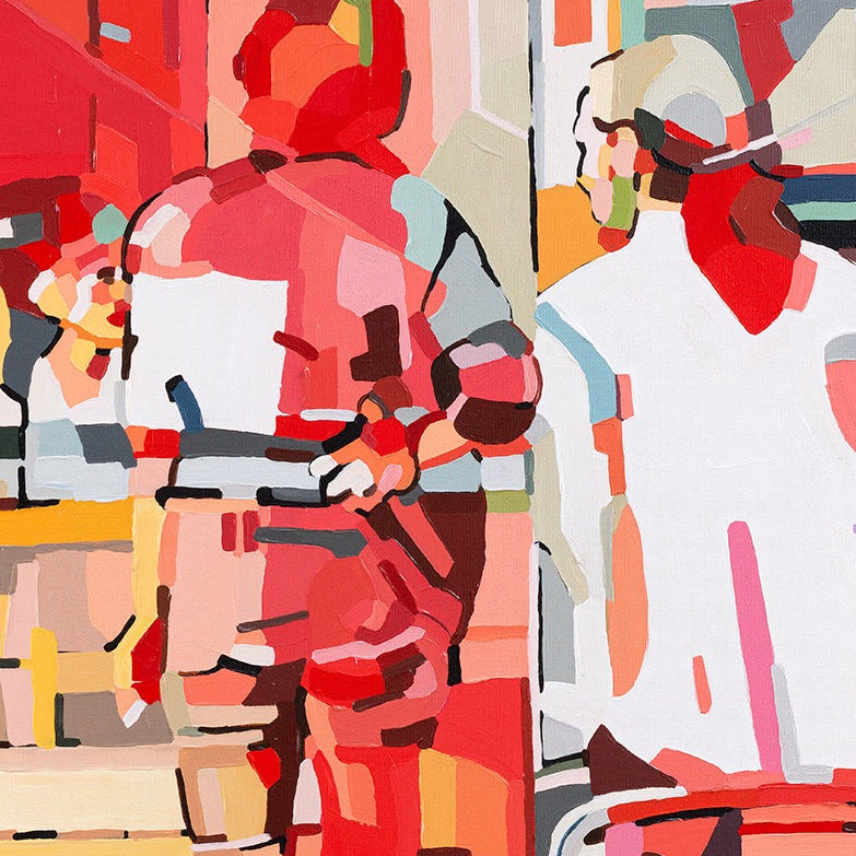 Fine art wall print by Noemi Safir featuring a Rothschild Boulevard café scene with cyclists, chairs, tables, and people gathered outside, composed through expressive linework and soft yet vibrant blocks of color.