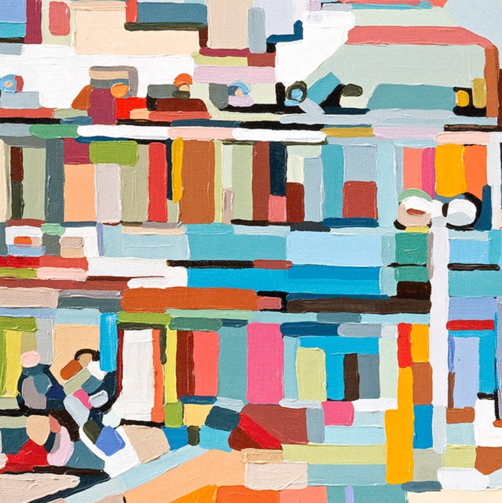 Contemporary urban landscape print by Noemi Safir featuring a Tel Aviv beachfront view with apartment towers, open sandy foreground, beach canopies, and tiny figures in motion, all rendered in a fresh pastel geometric style.