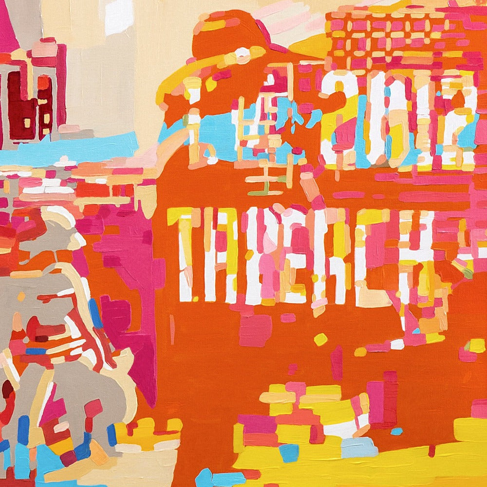 Limited edition fine art print by Noemi Safir presenting a colorful Tel Aviv beach scene with strolling figures, open water, and distant urban beach details, painted in a luminous palette of coral, fuchsia, aqua, lemon yellow, and white.