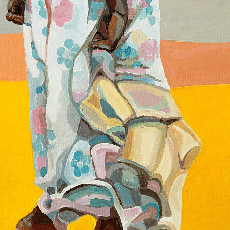 Fine art wall print by Noemi Safir featuring a barefoot girl in a flowing floral dress beside a red ball, painted against a vivid yellow foreground, pale horizon, and expansive turquoise blue sky.