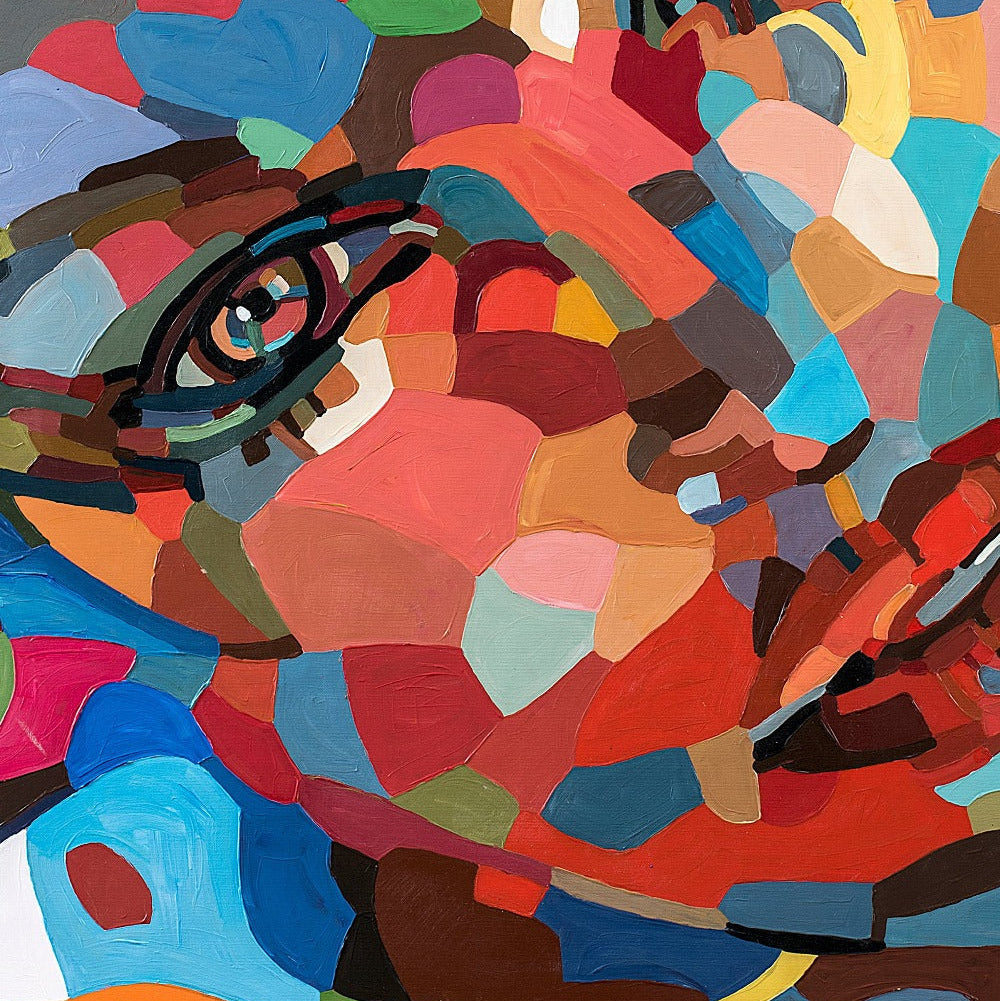 Fine art wall print by Noemi Safir featuring an expressive woman’s portrait in layered abstract brushstrokes, where bright pink, turquoise, blue, yellow, cream, and warm terracotta tones create depth and movement.