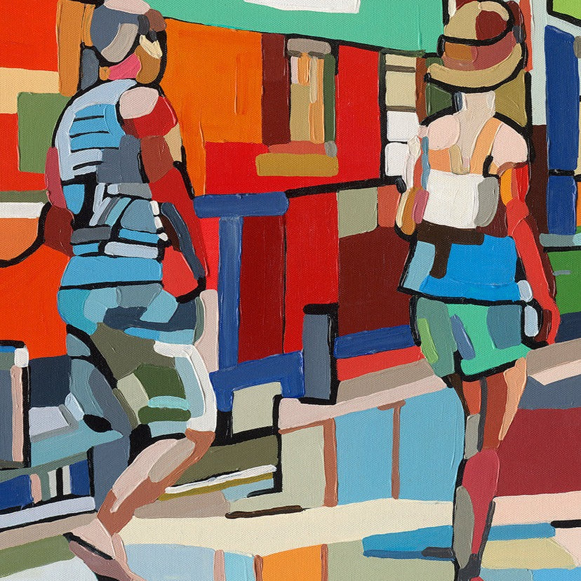 Limited edition city life print by Noemi Safir portraying two people on a colorful urban walk, surrounded by layered buildings, open sky, and luminous reflections that create a relaxed and modern everyday scene.