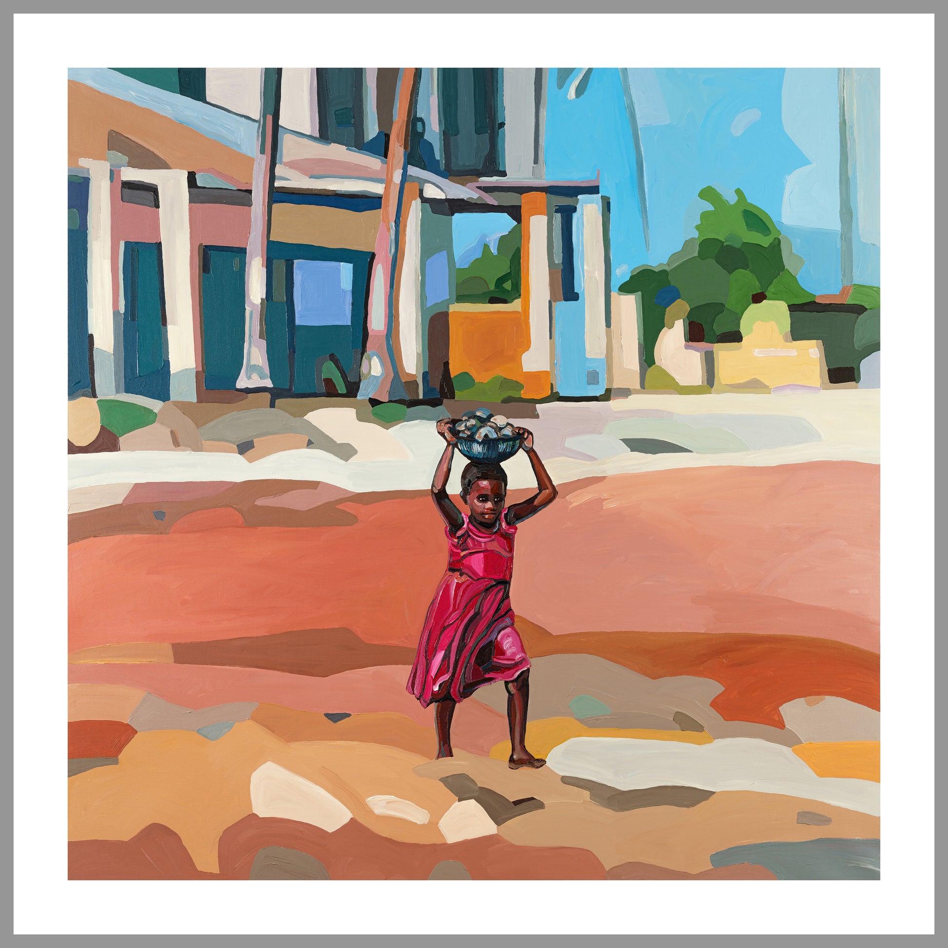 A colorful artwork print by Noemi Safir depicting a person carrying a bowl on their head, standing on a sandy ground with a building and trees in the background.