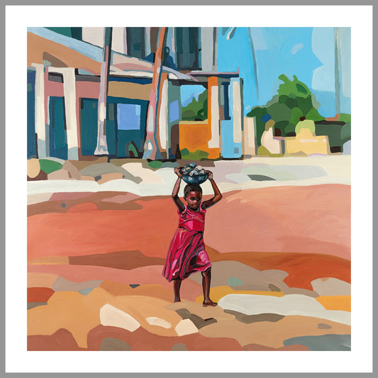 A colorful artwork print by Noemi Safir depicting a person carrying a bowl on their head, standing on a sandy ground with a building and trees in the background.