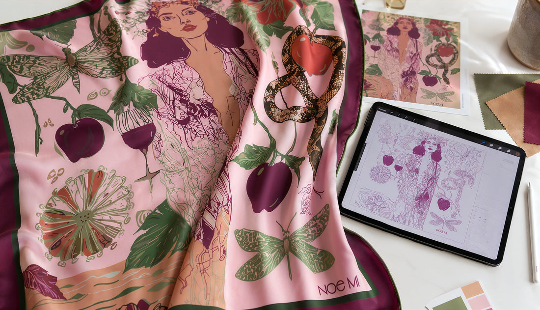 NOE MI silk scarf by Noemi Safir created from an original painting, showing wearable art that moves beyond the canvas.