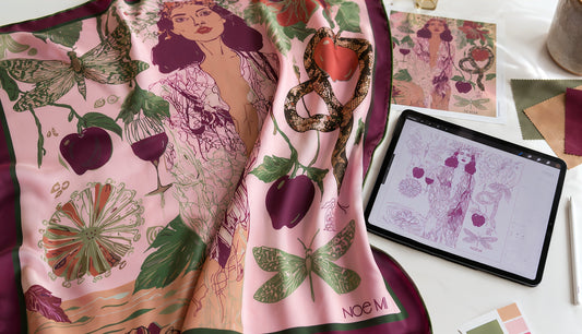 NOE MI silk scarf by Noemi Safir created from an original painting, showing wearable art that moves beyond the canvas.