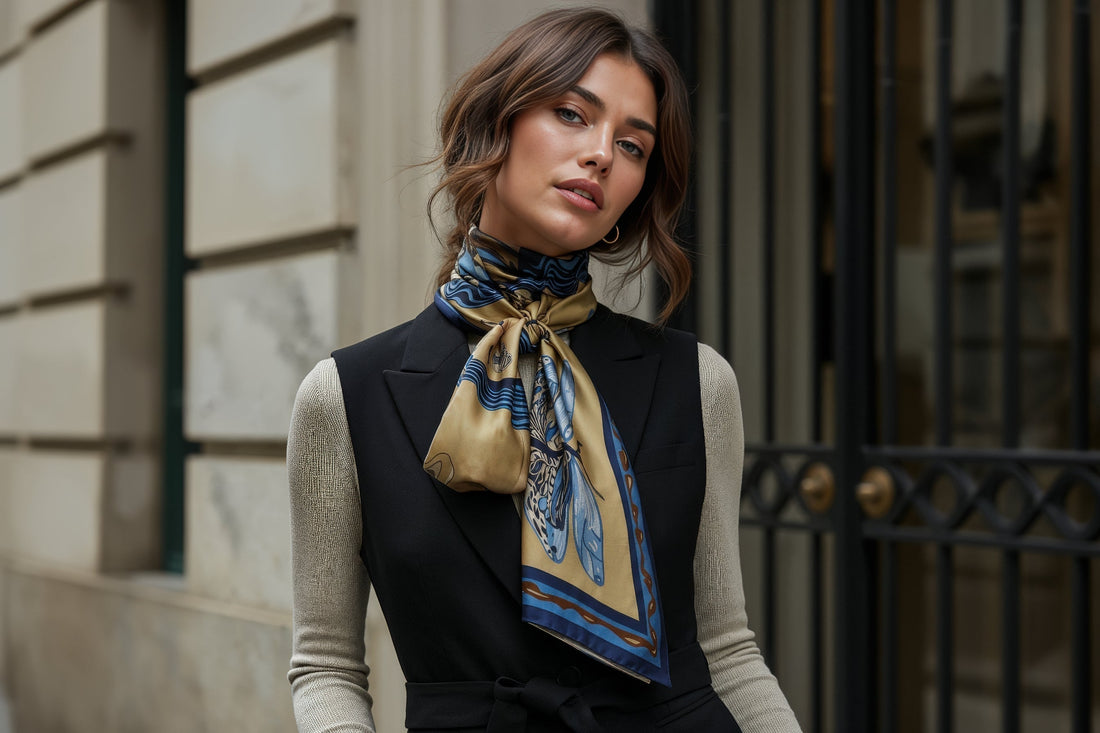 Luxury silk twill scarf by NOE MI created from original artwork, styled for women who want beauty with meaning.