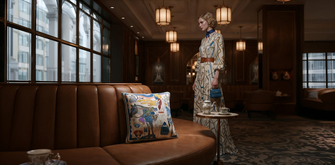 NOE MI art cushion by Noemi Safir shown in an elegant living room, created from original artwork for interiors that need soul and meaning.