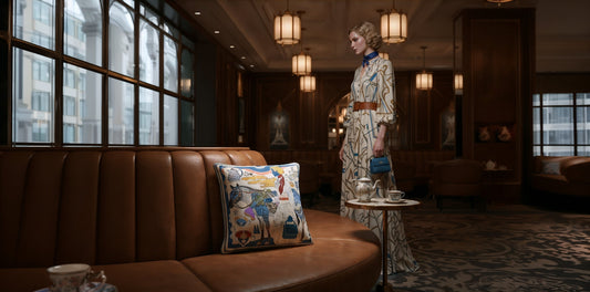 NOE MI art cushion by Noemi Safir shown in an elegant living room, created from original artwork for interiors that need soul and meaning.