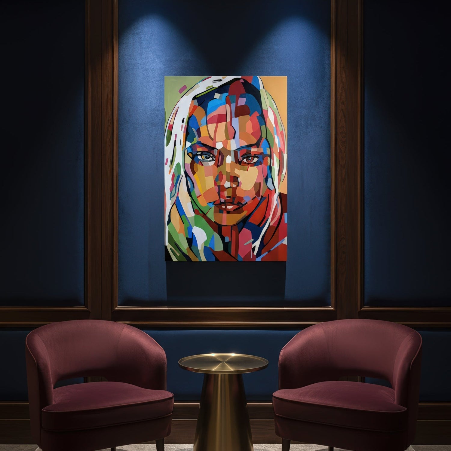 Collectible figurative art print by Noemi Safir featuring a close portrait of a woman with light hair, strong dark outlines, and richly fragmented color planes in red, blue, green, cream, and warm orange tones.