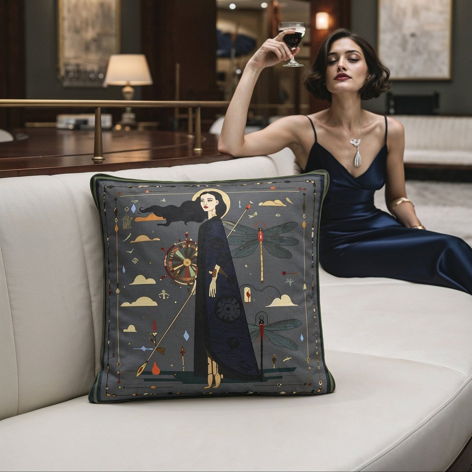 NOE MI artistic cushion combining symbolic design and moody palette for luxury interior decoration and curated spaces.