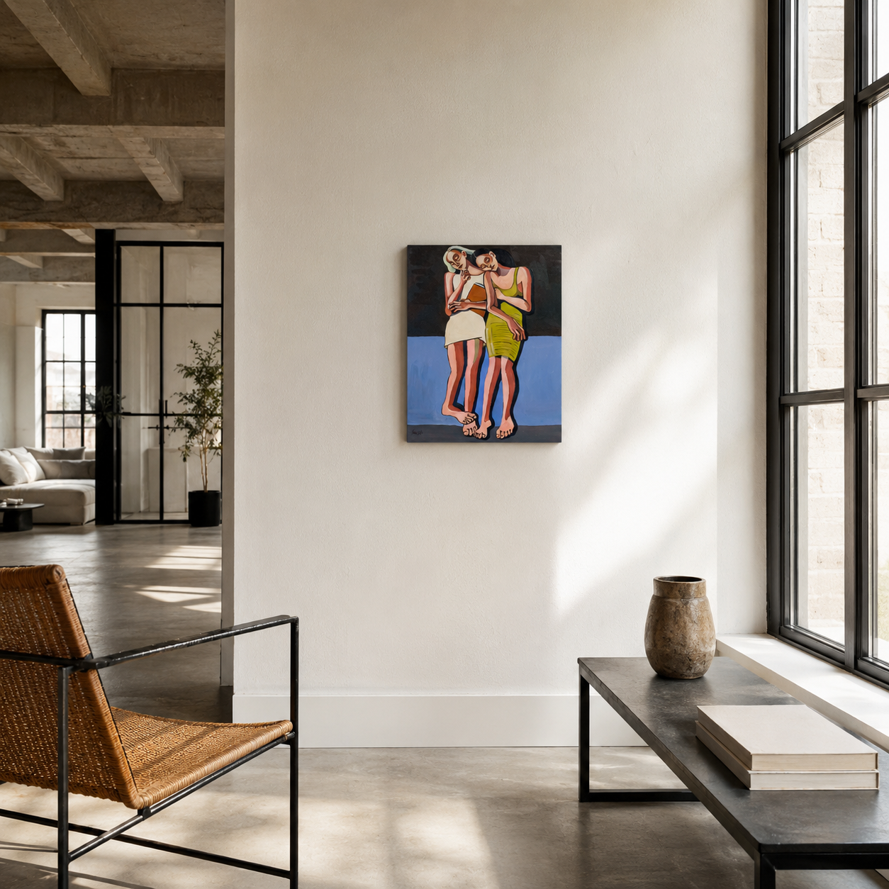 Soft Addiction by Noemi Safir, original painting from the series Drama Looks Good on Us, showing two women leaning into each other with tenderness and quiet emotional tension.