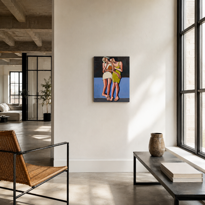 Soft Addiction by Noemi Safir, original painting from the series Drama Looks Good on Us, showing two women leaning into each other with tenderness and quiet emotional tension.