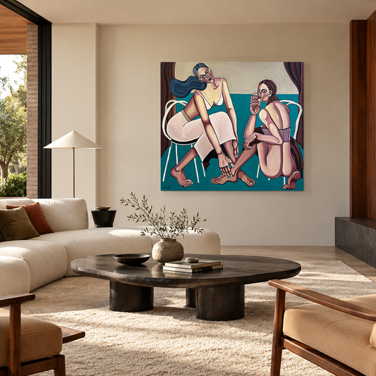 Noemi Safir’s collectible contemporary painting from Drama Looks Good on Us explores emotional intimacy and the relief of telling someone the unedited truth.
