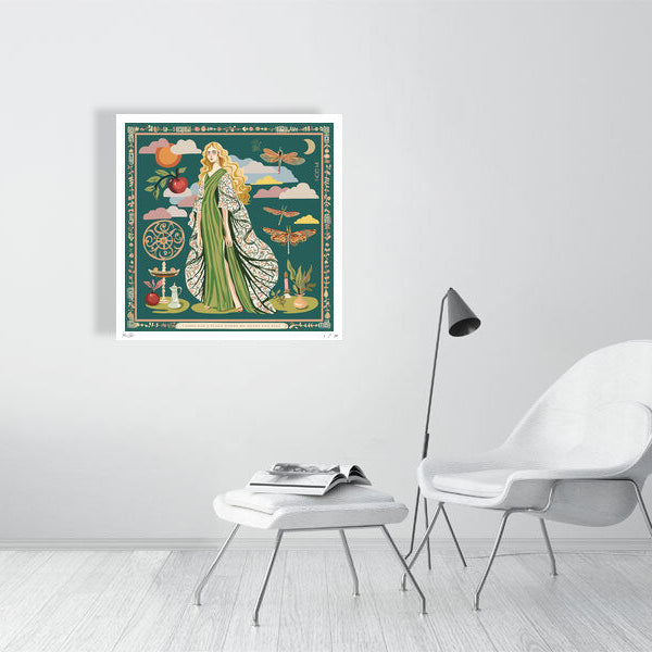 Gown Stories collectible print from NOE MI, archival-quality artwork with figurative feminine storytelling, green gown and symbolic motifs, wall art for global homes.
