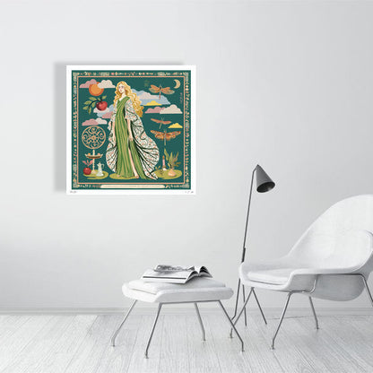 Gown Stories collectible print from NOE MI, archival-quality artwork with figurative feminine storytelling, green gown and symbolic motifs, wall art for global homes.