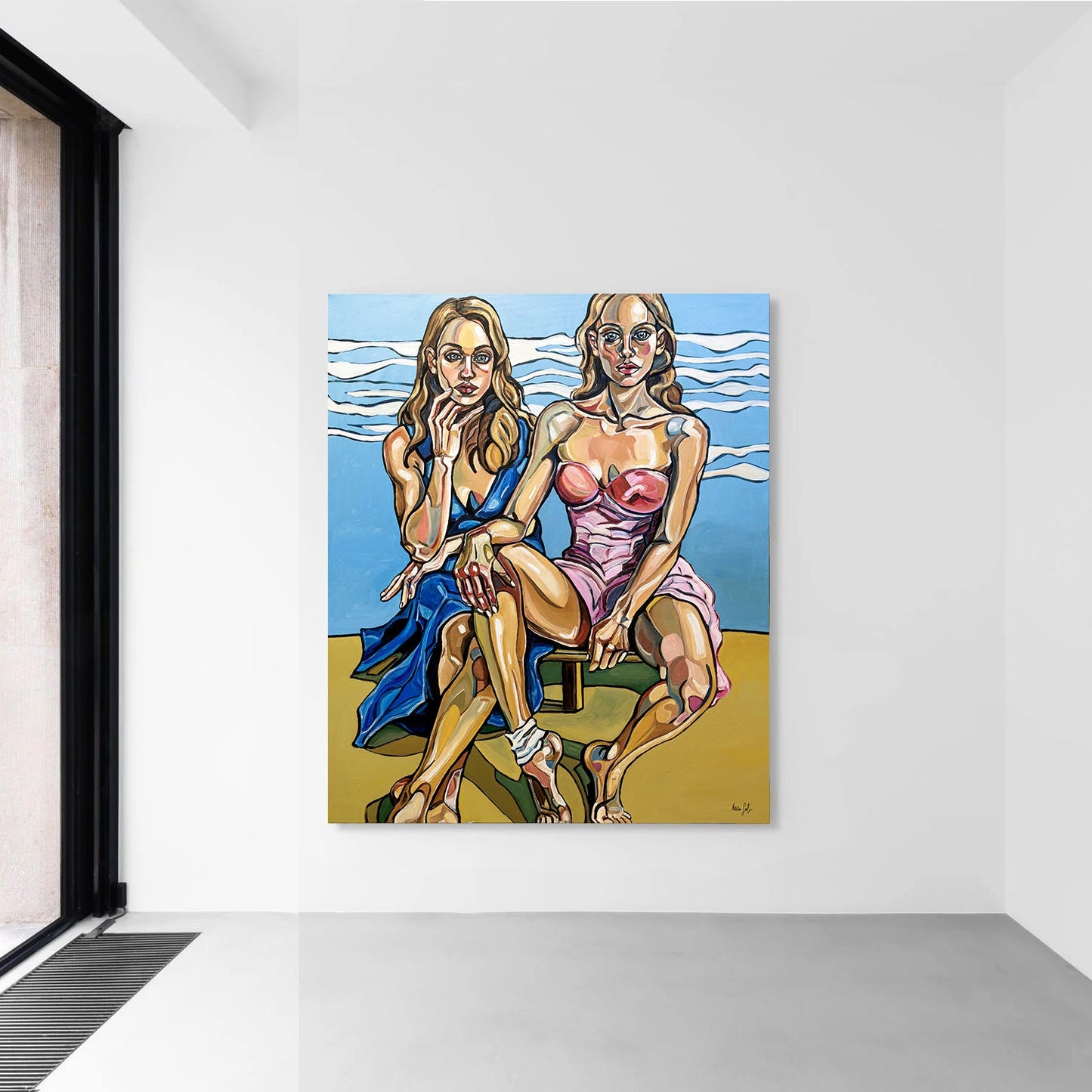 One of a kind original artwork by Noemi Safir showing two women seated together against a pale blue background with flowing white bands