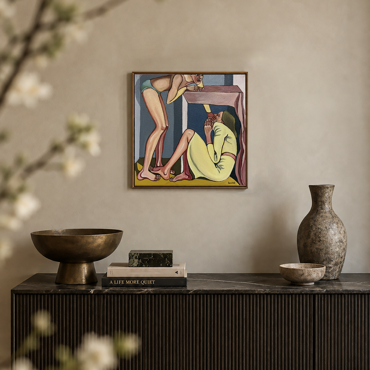 Original figurative painting by Noemi Safir showing two female figures separated by a table in a tense domestic scene.