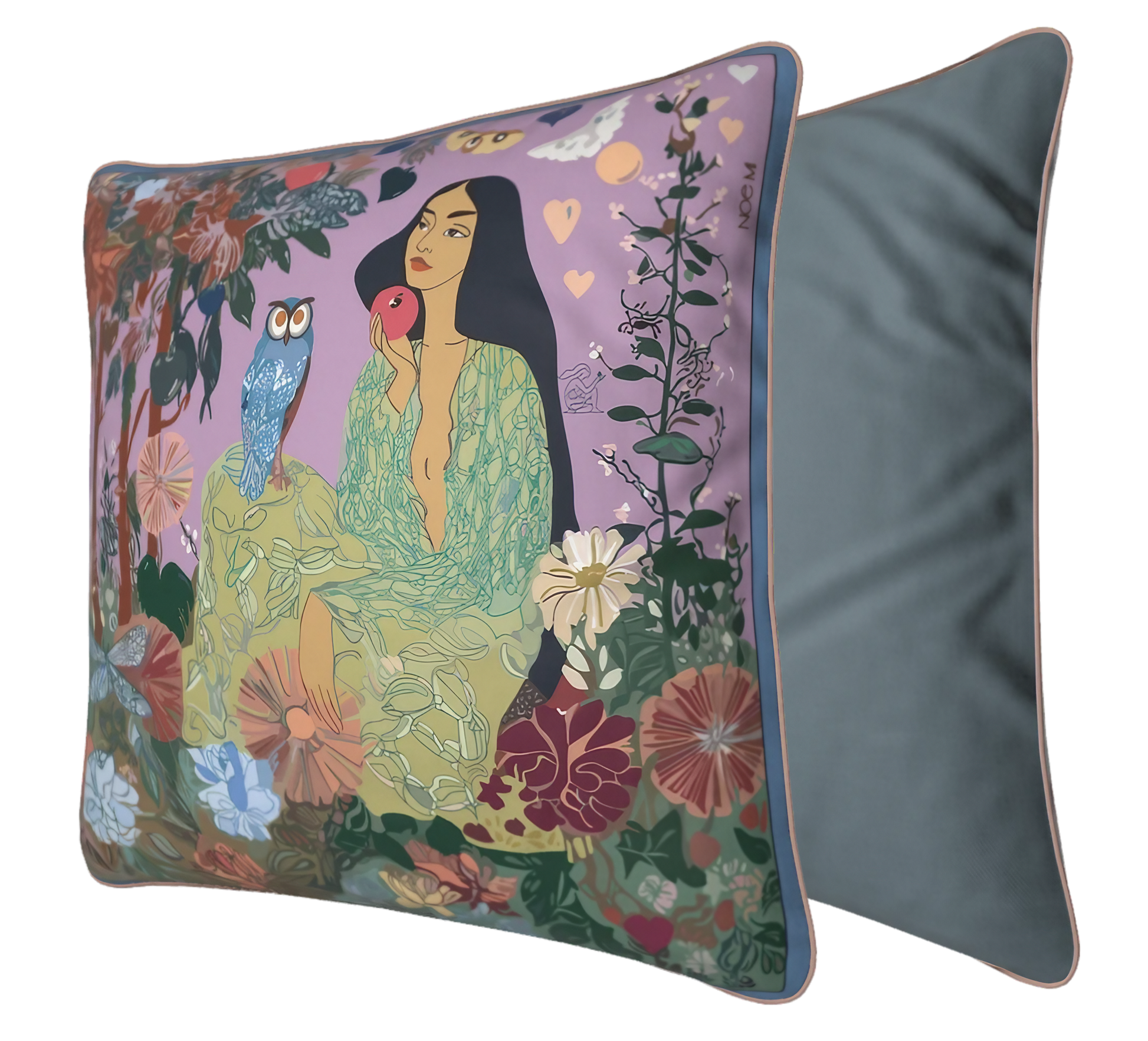 NOE MI square cushion design, with full-edge piping and premium print quality, ideal for curated living rooms or boutique hotel settings.