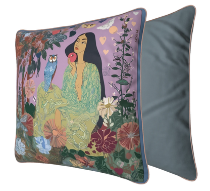 NOE MI square cushion design, with full-edge piping and premium print quality, ideal for curated living rooms or boutique hotel settings.