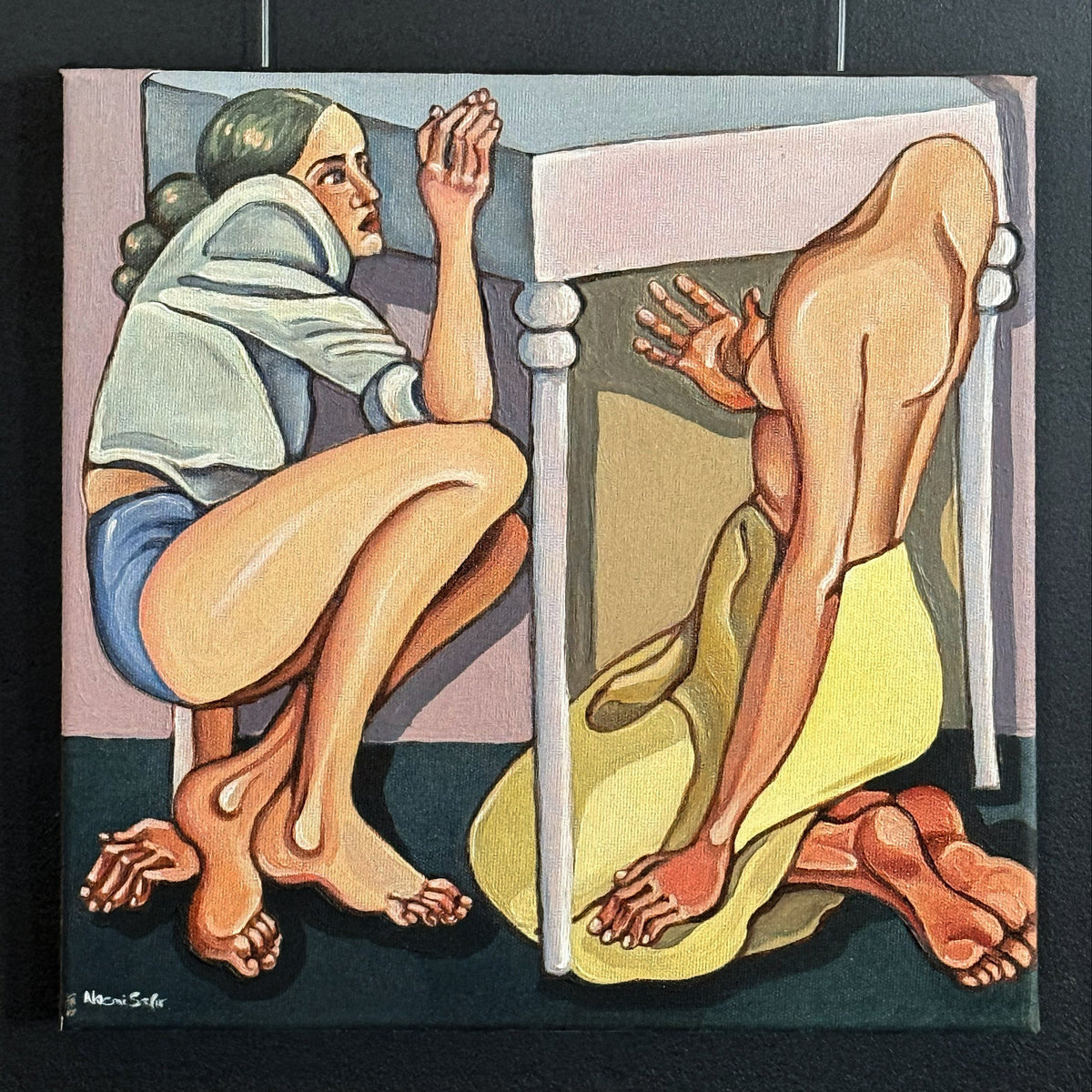 Emotional contemporary painting by Noemi Safir using distorted female figures to explore adaptation, pressure and body memory.