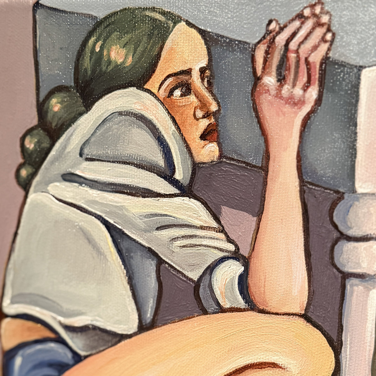 Figurative artwork by Noemi Safir from My Body Remembers You examining how relationships influence posture and personal space.