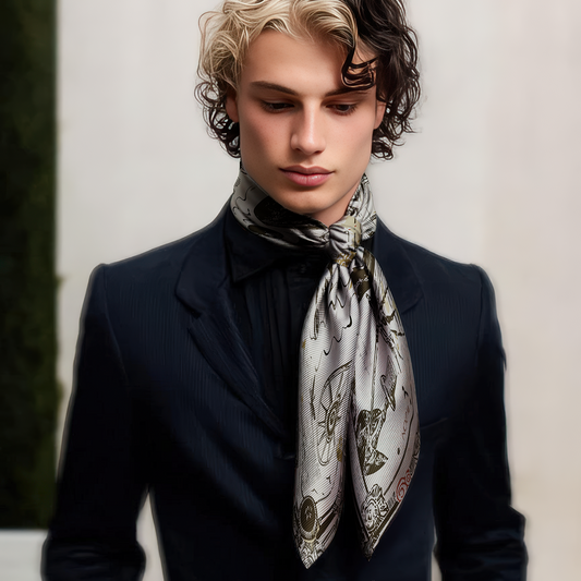statement scarf for men with mythology and mystery, silk chiffon or twill scarf with artistic illustration by NO EMI