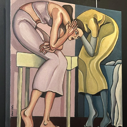 Contemporary female figurative artwork by Noemi Safir using body language to explore intimacy and emotional anticipation.