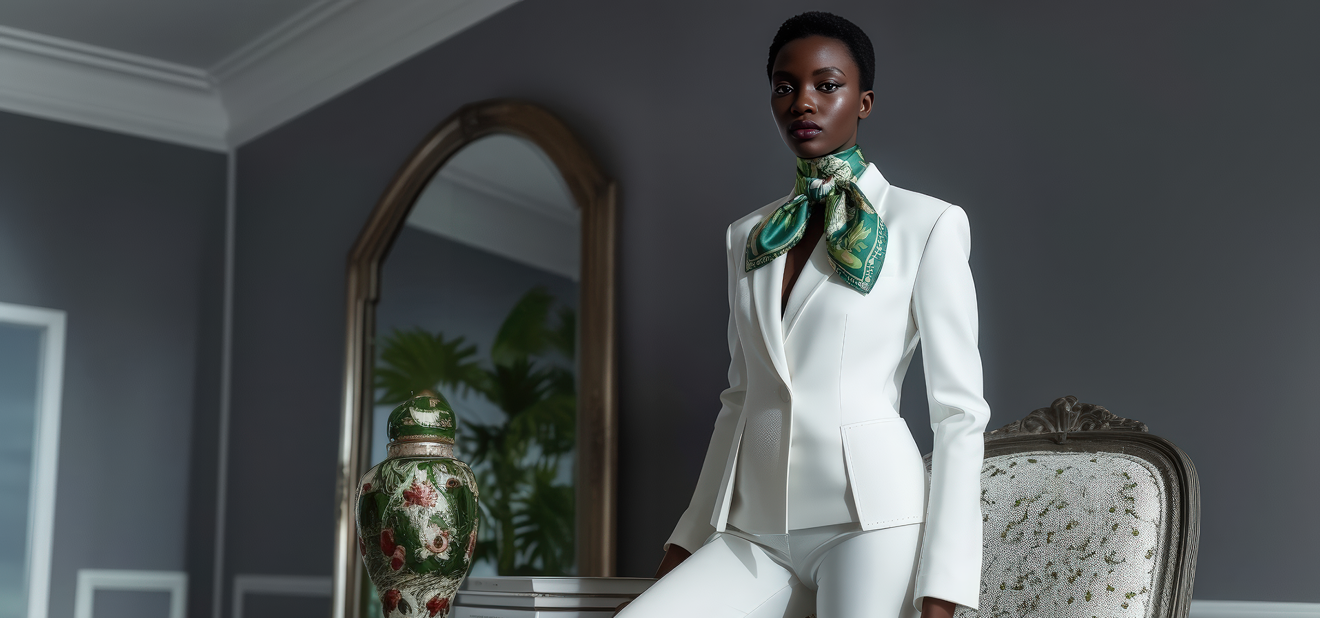 Woman in a white suit with a green NOE MI silk scarf sitting in an elegant room.