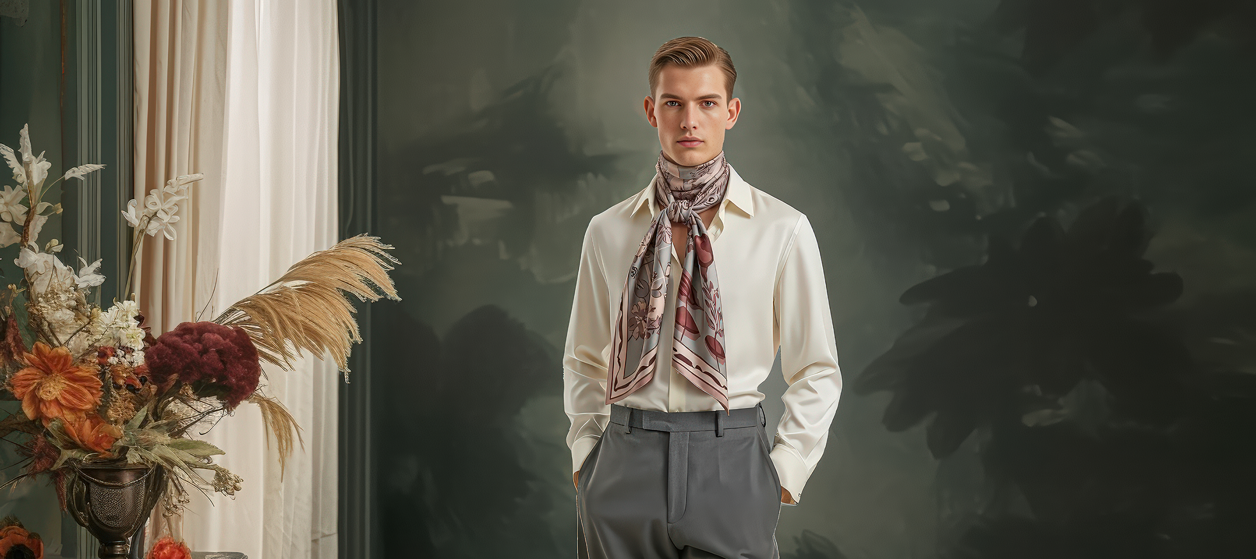 Man wearing a white shirt and gray trousers with a NOE MI silk scarf for men, standing in a room with decorative elements.