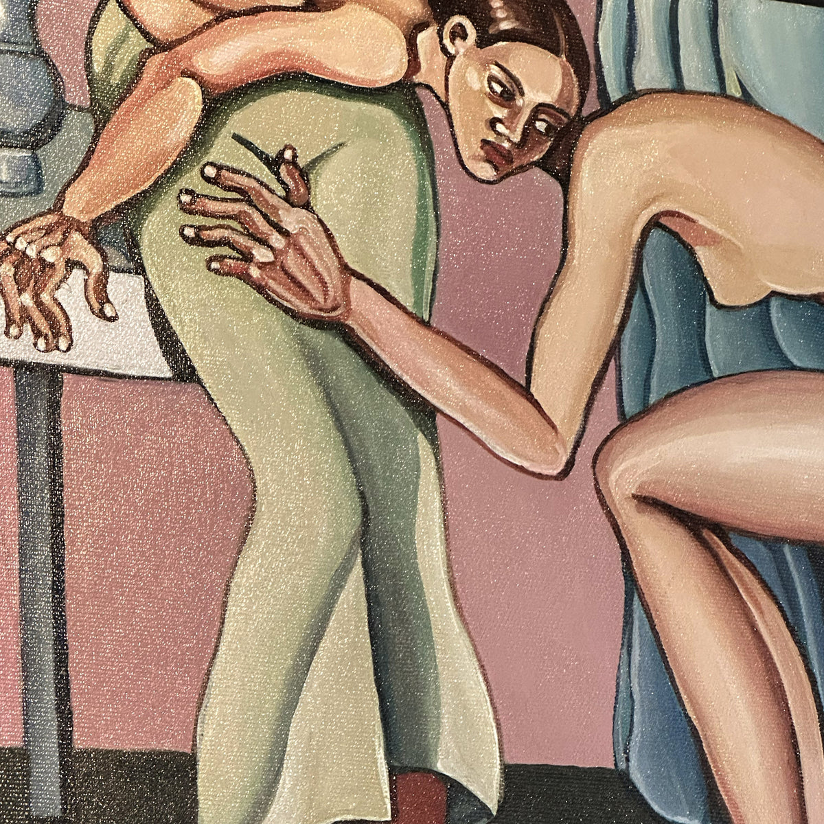 Emotional contemporary painting by Noemi Safir exploring body language, closeness and learned patterns inside relationships.