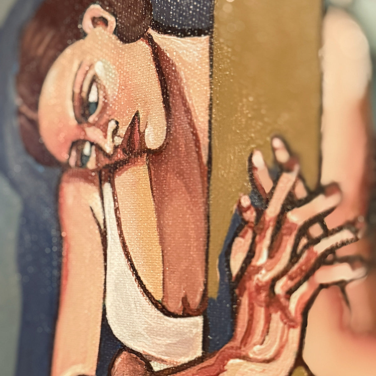 Stay Where I Can Reach You is a symbolic figurative painting about closeness that must be actively maintained against distance.