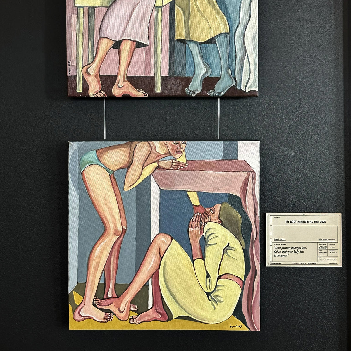 Emotional contemporary painting by Noemi Safir exploring body language, restricted space and learned patterns inside relationships.